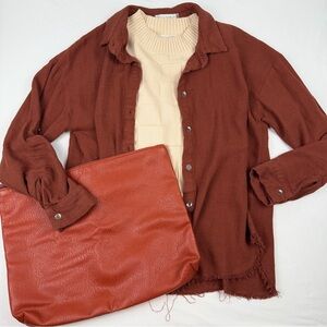 Rust Linen Blend Button Down Shirt Boho Poetcore Raw Hem Earthy Size Medium